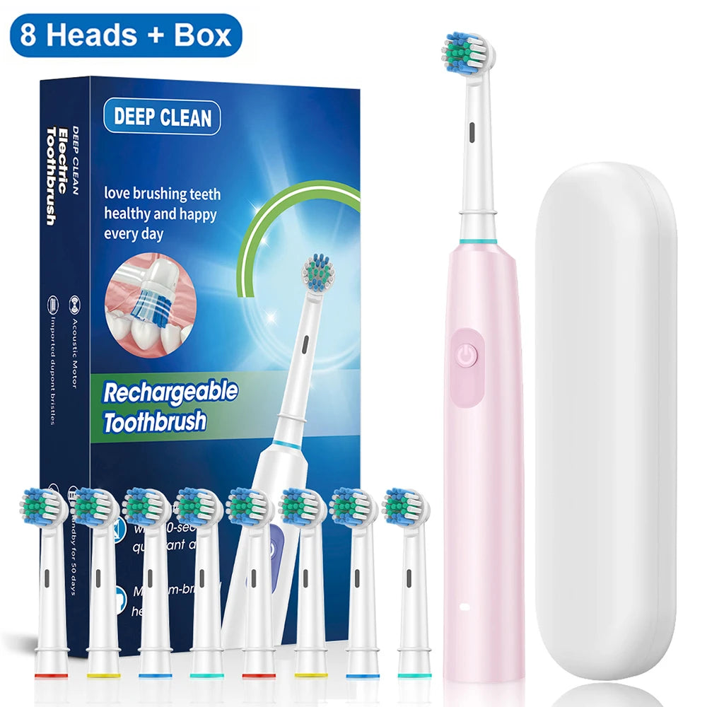 Electric Rotating Toothbrush Deep Clean Whitening Teeth for Adult Ultrasonic Toothbrush with 4/8Pcs Refill Replacement Heads