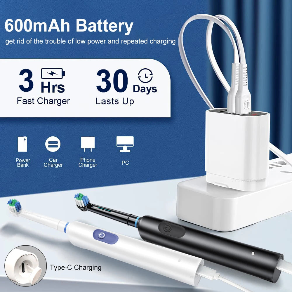 Electric Rotating Toothbrush Deep Clean Whitening Teeth for Adult Ultrasonic Toothbrush with 4/8Pcs Refill Replacement Heads